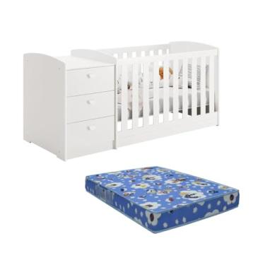 Imagem de Berço Americano Multifuncional Atlanta com Cômoda 3 Gavetas Branco Brilho com Colchão - Reller