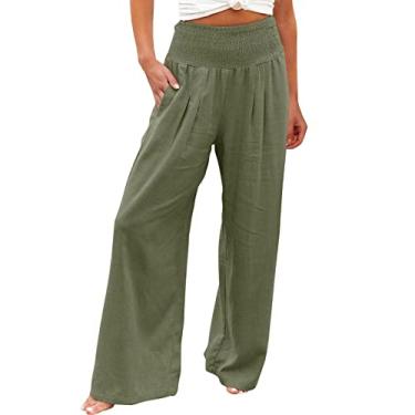 Imagem de ZHONKUI Calça feminina de linho larga de verão longa perna larga cintura elástica calça de lazer calça plissada, Verde militar, P