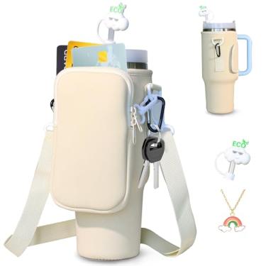 Imagem de DOVO Bolsa de transporte de garrafa de água com bolso para Stanley 1,134 g Tumbler Neoprene bolsa suporte para garrafa de água com alça ajustável, capa de palha e berloque de letras acessórios para