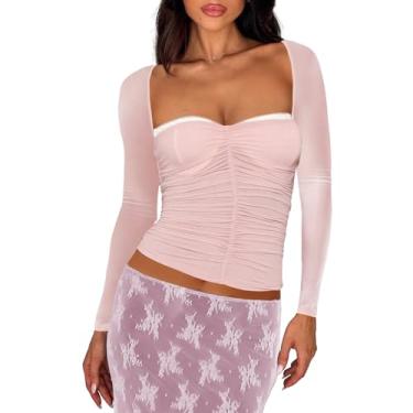 Imagem de Blusa cropped franzida de malha sexy com acabamento em renda e patchwork manga comprida bustiê gola redonda tops para sair, Corpete rosa, P