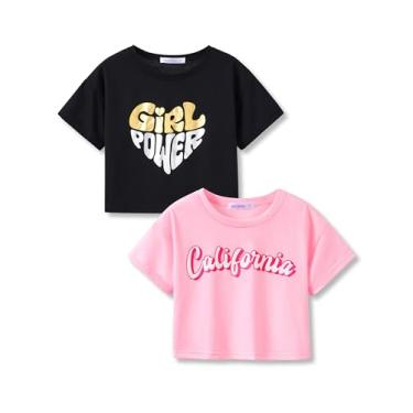Imagem de Serdomi Top cropped elegante grafite/borboleta/tropical para meninas pequenas e grandes - camiseta legal de verão pacote com 2 roupas tamanho 6-18, Coração preto e rosa Ca, 7-8
