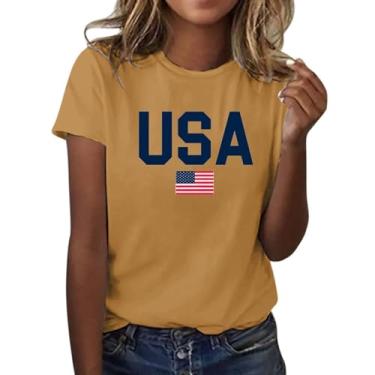 Imagem de Camiseta feminina do Dia da Independência 4 de julho, blusas estampadas com bandeira dos EUA, manga curta, gola redonda, túnica, Amarelo, P