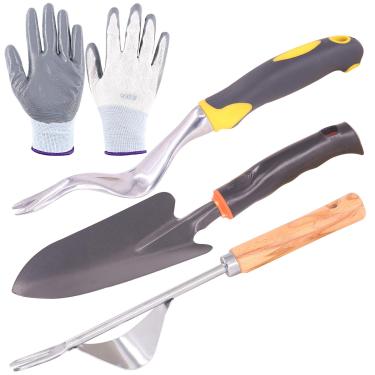 Imagem de Rustark Pacote com 4 ferramentas de remoção manual para remoção de ervas daninhas de jardim, extrator de erva daninha de jardinagem, ferramentas de remoção com extrator manual de erva à prova de dobras, pá e luvas para transplante de terras agrícolas de jardim