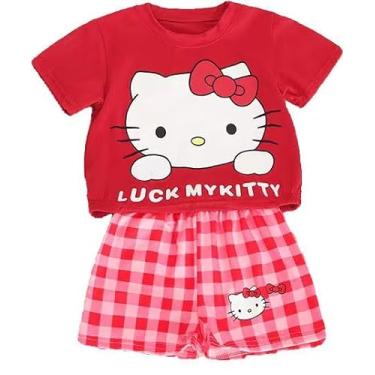 Imagem de KwahKwah Conjunto de camiseta esportiva infantil Hellokitty infantil de 2 peças de algodão + nylon para crianças pequenas e grandes de 1 a 11 anos, Vermelho, 1-2 Anos