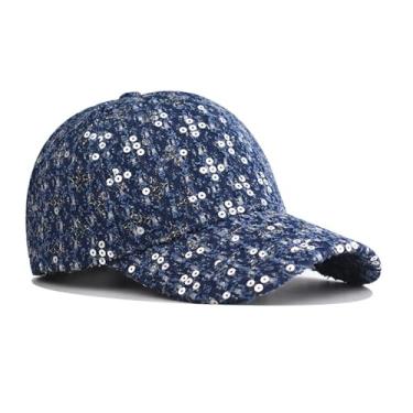 Imagem de URTAODFE Boné de beisebol lavado com lantejoulas jeans espessas, boné de caminhoneiro, chapéu de pai de golfe, presente, Azul marinho, G