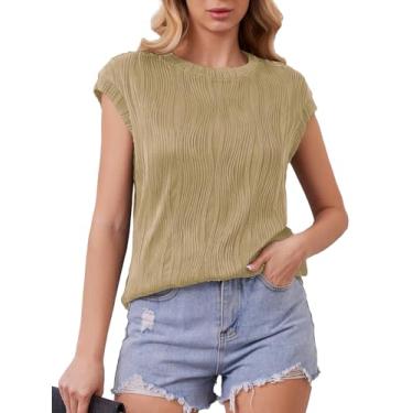 Imagem de ZANZEA Camisetas femininas de verão de manga curta texturizada de malha casual gola redonda blusas modernas, Caqui, G