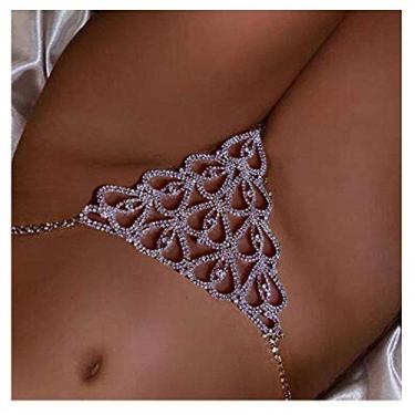Imagem de Calcinha tanga feminina sexy Rhinstone borla pingente de coração corrente de cintura de cristal tanga biquíni festival G String Jewelry, Medium, Metal, Strass