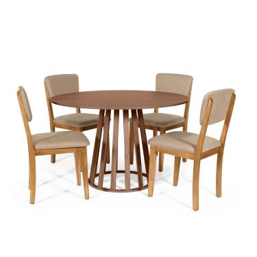 Imagem de Mesa de Jantar Redonda Gabi Noronha com 4 Cadeiras Estofadas Ella Bege
