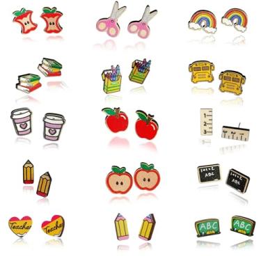 Imagem de SANDOO 15 pares de brincos de professor para mulheres – brincos para professores, brincos fofos de madeira, lápis de cera, régua de maçã para professores, estudantes, brincos de volta às aulas, joias