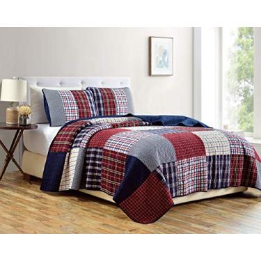 Imagem de Conjunto de colcha reversível de 3 peças Grizzly xadrez patchwork acolchoado 100% algodão lavado, Queen