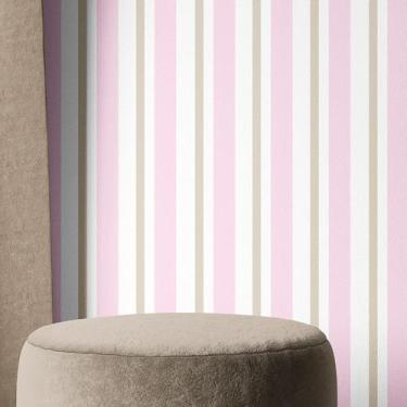 Imagem de Papel de Parede Autocolante Listrado Chiclets em Tons de Rosa e Bege -
