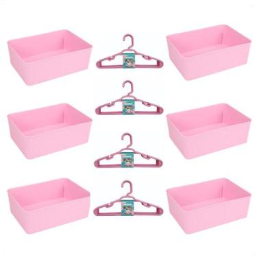 Imagem de Kit 6 Cestos Multiuso Decorativo e 20 Cabides Infantis Rosa - 123 Orga