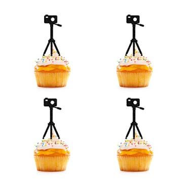 Imagem de Toppers de cupcake de tripé de câmera, palitos de cupcake de chá de bebê com glitter preto, decorações de bolo para aniversário com tema de Hollywood/festa de revelação de gênero - 24 peças
