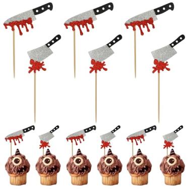 Imagem de 24 pcs Knife Cupcake Toppers, Halloween Cake Decorations, Glitter Horror Blood Knife Cupcake Toppers, Halloween Cupcake Decorations, Bloody Knife Cupcake Picks for Have a Killer Birthday, Horror Movie