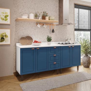 Imagem de Cozinha Pérola com Tampo 2 Peças Balcão 2 Gavetas 3 Portas e Balcão 2 Portas Yescasa Branco/Azul