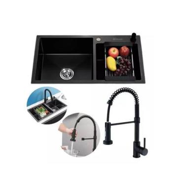 Imagem de Kit Cuba Pia Gourmet Dupla Aço Inox E Torneira Flexível