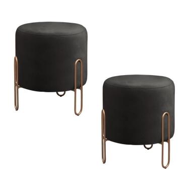 Imagem de Conjunto - 2 Puffs Banqueta Mali Luxo Base Metálica Bronze Corino Preto