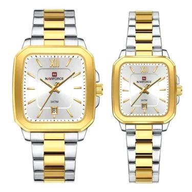 Imagem de Relogios De Pulso Analógico Conjunto De Casal Em Aço Inoxidavel Design Quadrado Impermeavel Prata Dourado