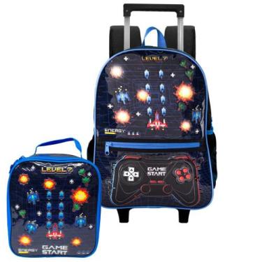 Imagem de Kit Mochila De Rodinhas Lancheira Game Atari Pisca Pisca - Clio, Azul