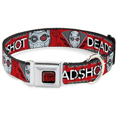 Imagem de Buckle-Down Coleira para cães com fivela de cinto de segurança – Rosto Suicide Squad DEADSHOT/alvos em forma de favo de mel vermelho/cinza/preto/branco