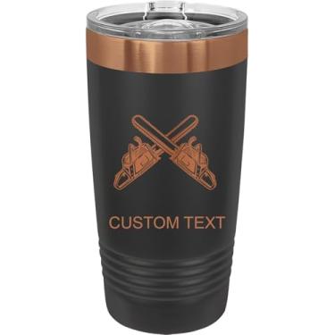 Imagem de Motosserra, copo de aço inoxidável personalizado gravado a laser 590 ml café de viagem preto/ouro rosa banhado a íon parede dupla carro viagem caminhão anel caneca personalizável, tampa deslizante