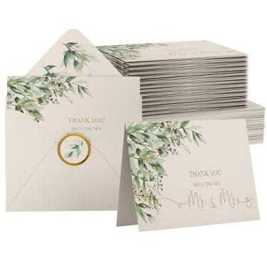 Imagem de 100 cartões de agradecimento de casamento com envelopes e adesivos | Observações em branco do Sr. e Sra. Thank You | Folha verde e dourada Obrigado do novo Sr. e Sra.