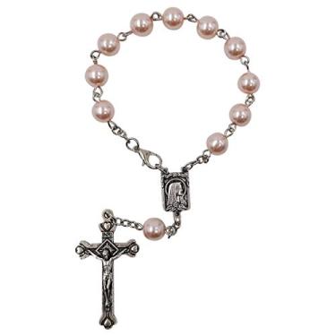 Imagem de Rosário automático de uma década para espelho retrovisor rosa pérola contas de vidro pulseira católica Nossa Senhora de Lourdes peça central presente religioso carro caminhão proteção viagem