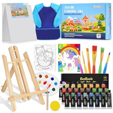 Imagem de gesboole Kits de pintura acrílica gesboole para crianças, conjunto de pintura infantil não tóxico, suprimentos artísticos e conjunto de pintura para crianças com 4 painéis de tela, tintas de