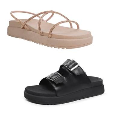 Imagem de Novo Hábito, Kit 2 Sandália Feminina Tira Trançada Strass & Papete Fivela Cor:Bege e Preto;Tamanho:40