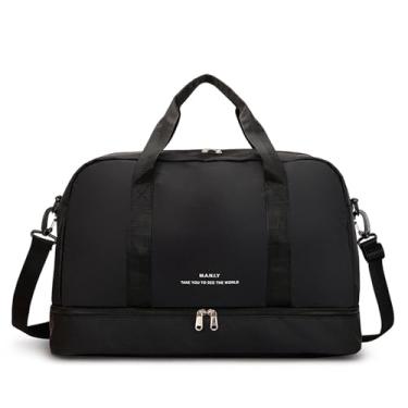 Imagem de Bolsa de ginástica leve para mulheres, bolsa de viagem com compartimento para sapatos, bolsa noturna de fim de semana com bolso molhado para mulheres, viagens, academia, ioga (preta), Preto