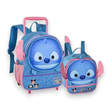 Imagem de Kit Mochila Escolar Infantil De Carrinho 13" 2025 Com Rodas Retrateis e Lancheira Térmica Infantil Bolsa Oficial Tsum Tsum Stitch 9" - Clio Style