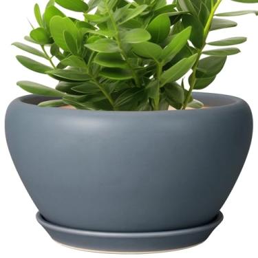 Imagem de Ceramicfor Vaso de cerâmica - Vaso de 28 cm para plantas de interior, vaso grande com orifício de drenagem e pires, vaso de flores moderno para decoração de casa, cinza