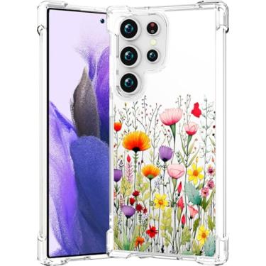 Imagem de CCFUNCASE Linda capa transparente para S24 Ultra para mulheres - capa de telefone robusta Funda capa protetora para compatível com Samsung Galaxy S24 Ultra (flores de campo flores selvagens estampa