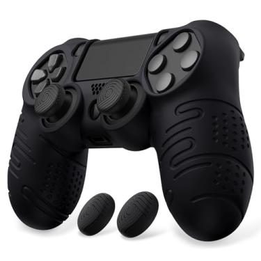 Imagem de PlayVital Capa de silicone preta Line & Dot para controle ps4, capa protetora macia antiderrapante com tampas de aperto de polegar para ps4 para ps4 Slim para controle ps4 Pro