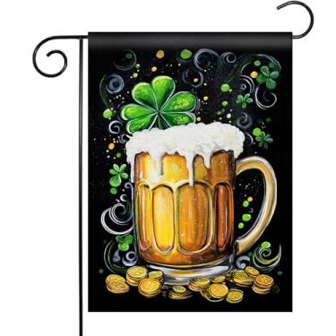 Imagem de Morigins Bandeira de jardim do dia de São Patrício bandeira dupla face verde trevo cerveja quintal bandeira trevo da sorte moeda de ouro decoração de feriado bandeira de jardim 12,5 × 18 polegadas
