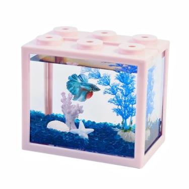 Imagem de Tanque de peixes Betta pequeno, kit de mini aquário de aquário com cascalho azul e decorações de resina, aquário empilhável de 6 litros, aquário de mesa minúsculo para camarão macaco marinho