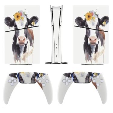 Imagem de Buyidec Adesivo para PS5 Slim edição digital aquarela vaca margarida flor console console acessórios capa anime vinil capa adesivo conjunto completo para Playstation5 Slim Digital Edition