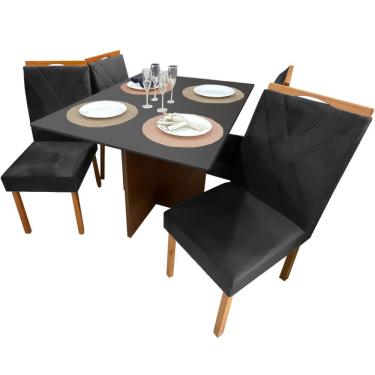 Imagem de Mesa de Jantar Helo 120x90cm em Veludo com 4 Cadeiras California Poliman Cor Grafite com Assento Preto
