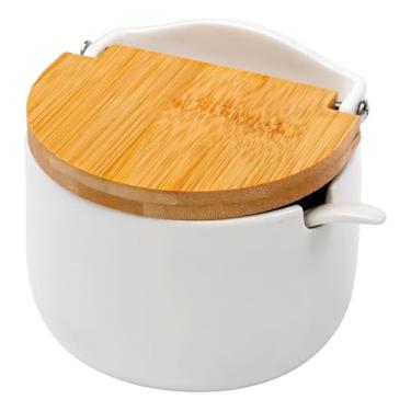 Imagem de Saleiro De Mesa Em Cerâmica Tampa De Madeira Branco