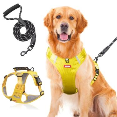 Imagem de Wanheart Colete de segurança anti-Yank para cães com 2 fivelas de cinto, acolchoado macio ajustável, material Oxford refletivo, com alça de controle fácil (amarelo, P: pescoço (35 a 45 cm), peito (36