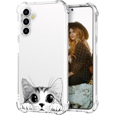 Imagem de Hungo Capa compatível com Samsung Galaxy S24 FE para mulheres meninas design claro fofo, feminino protetor S24FE designer adorável gato Kawaii animal espiando