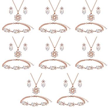 Imagem de Conjunto de joias de dama de honra para casamento, ouro 18K ou ouro rosa ou cobre banhado a prata com zircônia cúbica limpa colar brinco conjunto de pulseira para mulheres meninas presente, Cobre, Sem Pedra Preciosa