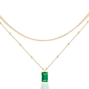 Imagem de B.PHNE Colar em camadas banhado a ouro 14K esmeralda retangular verde escuro pingente para mulheres gargantilha em camadas joias de Natal, Latão, Esmeralda