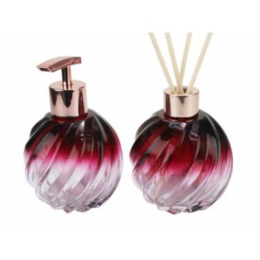 Imagem de Kit Vidros Banheiro Lavabo Espiral 250ml Degrade Vinho Saboneteira Lux