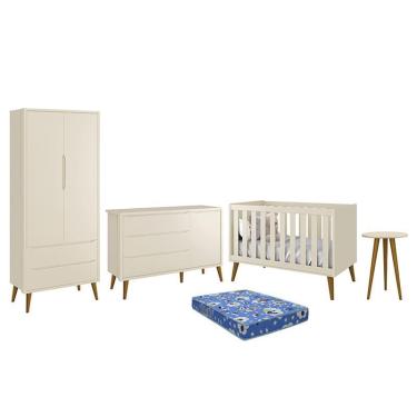 Imagem de Dormitório Infantil Theo Retrô 2 Portas, Cômoda 1 Porta, Berço, Mesa de Apoio com Pés Amadeirado e Colchão - Reller Móveis Areia Fosco