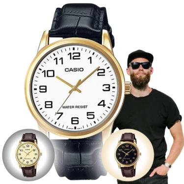 Imagem de Relógio de Pulso Masculino Casio Casual Quartz Analógico Redondo Pulseira de Couro Dourado MTP-V001GL