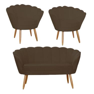 Imagem de Combo Pétala Namoradeira e 2 Poltronas Decorativa Estofada Suede Marrom - dl Decor