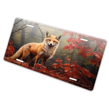 Imagem de Fox Young Red Fox Listening to Something in Woodland Style License Plate Cover - Etiqueta artística de alumínio para carro, à prova de ferrugem, design exclusivo - 15 x 30 cm