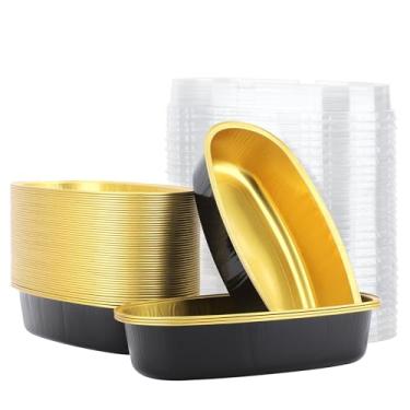 Imagem de Beasea Mini formas de pão com tampas, pacote com 50 formas ovais de 15 cm, copos descartáveis pretos dourados, formas de cheesecake de elipse, formas de alumínio para assadeiras de carne, forno