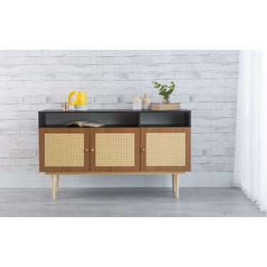 Imagem de Balcão Buffet Pés Palito Madeira 3 Portas Com Nichos Mdf E Palhinha Es